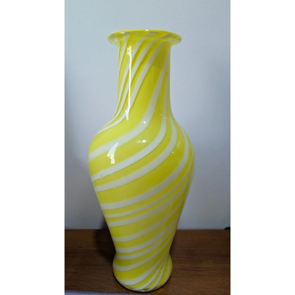 Vintage Yellow White Swirl Art Glass Vase Hand Blown Murano Style 12 Inch Urn